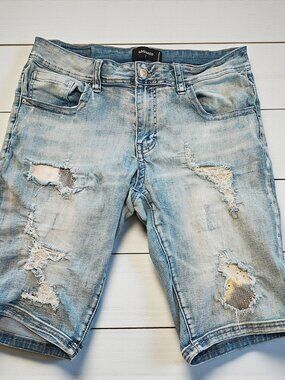 Men's GSquared Distressed Light Wash Denim Shorts with Embellished Details